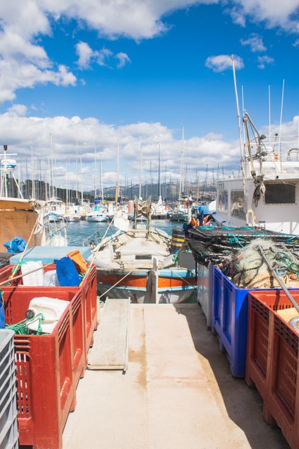 This image features a marina scene under a bright blue sky scattered with fluffy white clouds. Several boats are docked along the quay, showcasing a variety of vessel sizes, with some fishing boats an