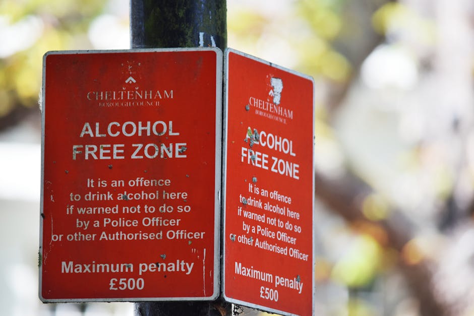 Close-up of a weathered red metal sign attached to a black post, displaying the Cheltenham Borough Council's 'Alcohol Free Zone' message. The sign features white text reading, 'It is an offence to dri