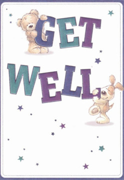 This vibrant get well card exudes a sense of comfort that feels right at home in the welcoming neighbourhoods surrounding Surrey Quays. The illustration-carefully detailed and lovingly textured-shows a plush teddy bear clutching the 'GET' of a bold, buoyant message, while a lively puppy brings extra life to the powerful 'WELL' below. Their soft, rounded forms and expressive faces radiate affection, as if offering encouragement to a friend recuperating in a sunny flat overlooking Russia Dock Woodland. The deep purples and tranquil teals of the lettering bring a splash of peaceful energy, reminiscent of the colourful floral displays bespoke to Surrey Quays florists. Star-shaped sparkles drift across a crisp, inviting white background, hinting at the magic and possibility of recovery and wellbeing. There's a quiet balance here, the same care and nurturing seen in a freshly prepared bouquet-every brushstroke and every element meant to soothe, encourage, and brighten a difficult day. As you receive this card, imagine its warmth paired with fresh blooms delivered locally, each detail chosen to ensure a neighbour or loved one feels supported and uplifted on every step to wellness.
